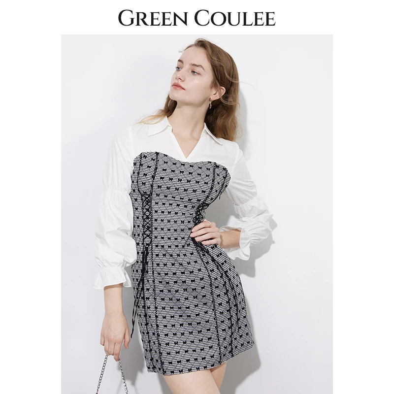 

Dodc Dress 2021 Autumn New Design Sense Niche Color Matching Lace Shirt Skirt Waist Long Sleeve Skirt