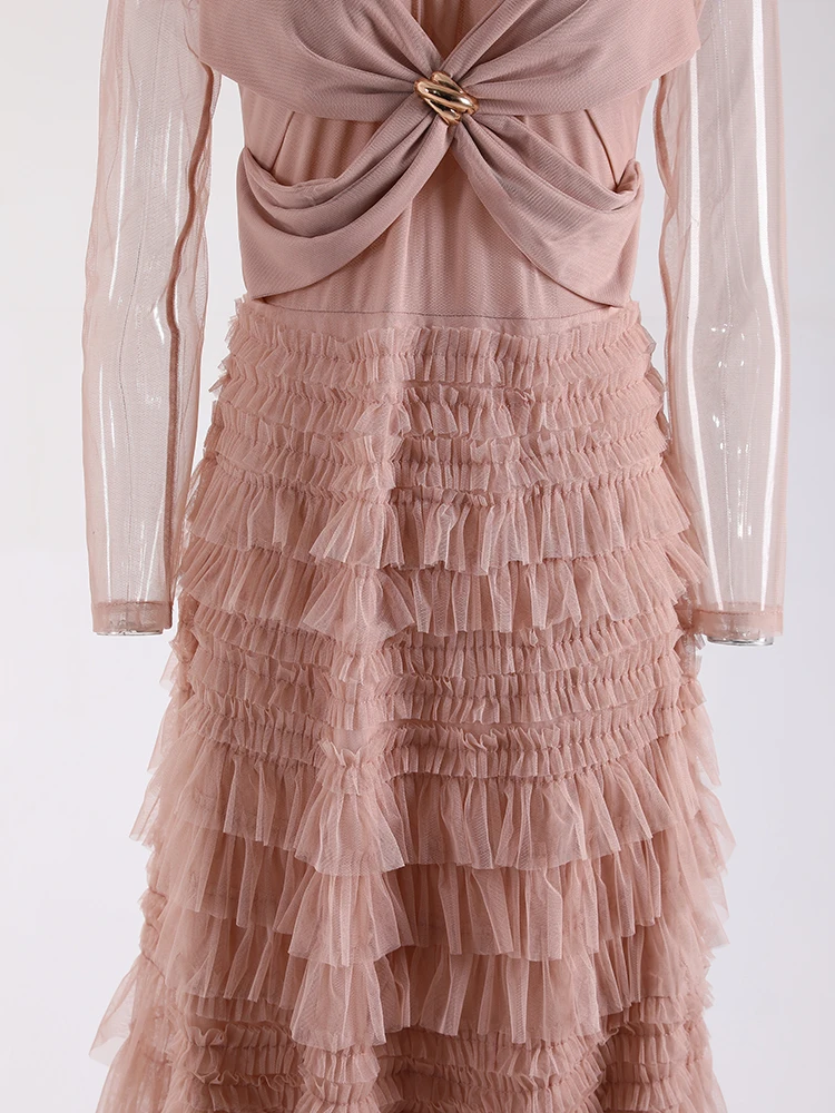 IEQJ однотонное кружевное сетчатое платье для женщин элегантное с круглым вырезом