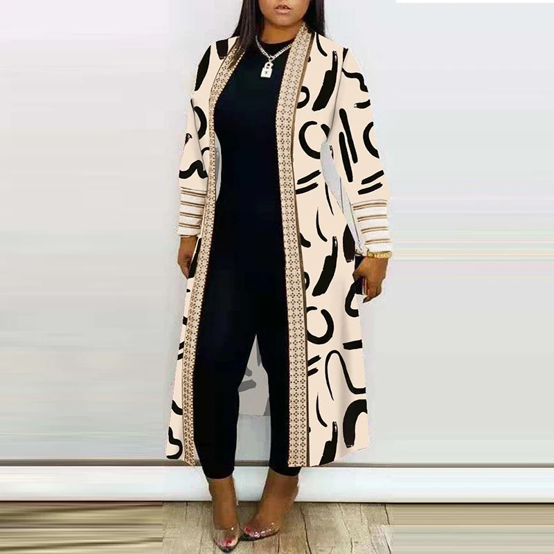 

Vintage Pattern Print Long Cardigan Autumn Women Elegant V-neck Straight Coat Winter Casual Long Sleeve Trench Jacket Streetwear