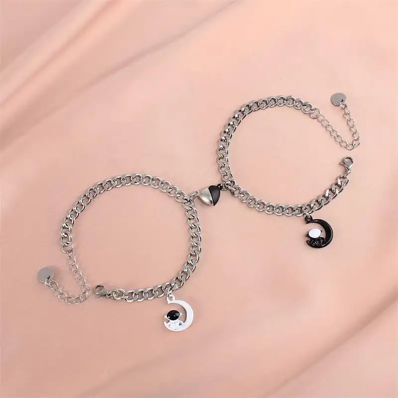 

2PC/S Charm Magnetic Stainless Steel Couple Bracelets Aesthetic Silver Cuban Link Bracelet For Lovers Friendship Bangle Jewelry
