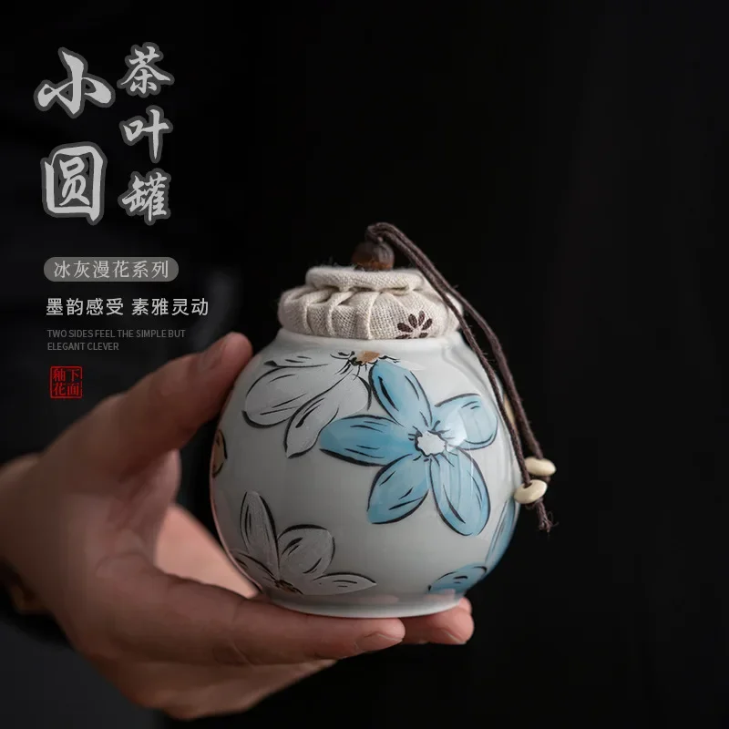 

Керамическая чайная банка ледяного серого цвета, японский контейнер для чая с цветком вишни, герметичный влагостойкий чайный контейнер для хранения, органайзер для чая, жестяная чайная коробка