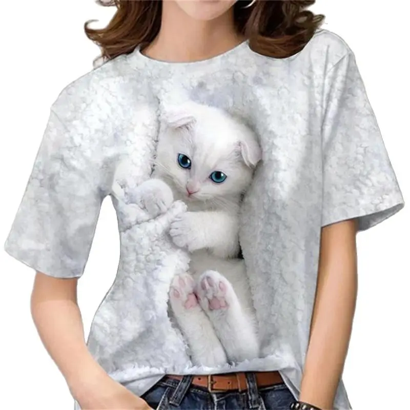 

2023 Summer Women's New 3D Short-sleeved T-shirt Senior Animal White Cat Lazy Round Neck Harajuku Style Oversized Clothes Ootd