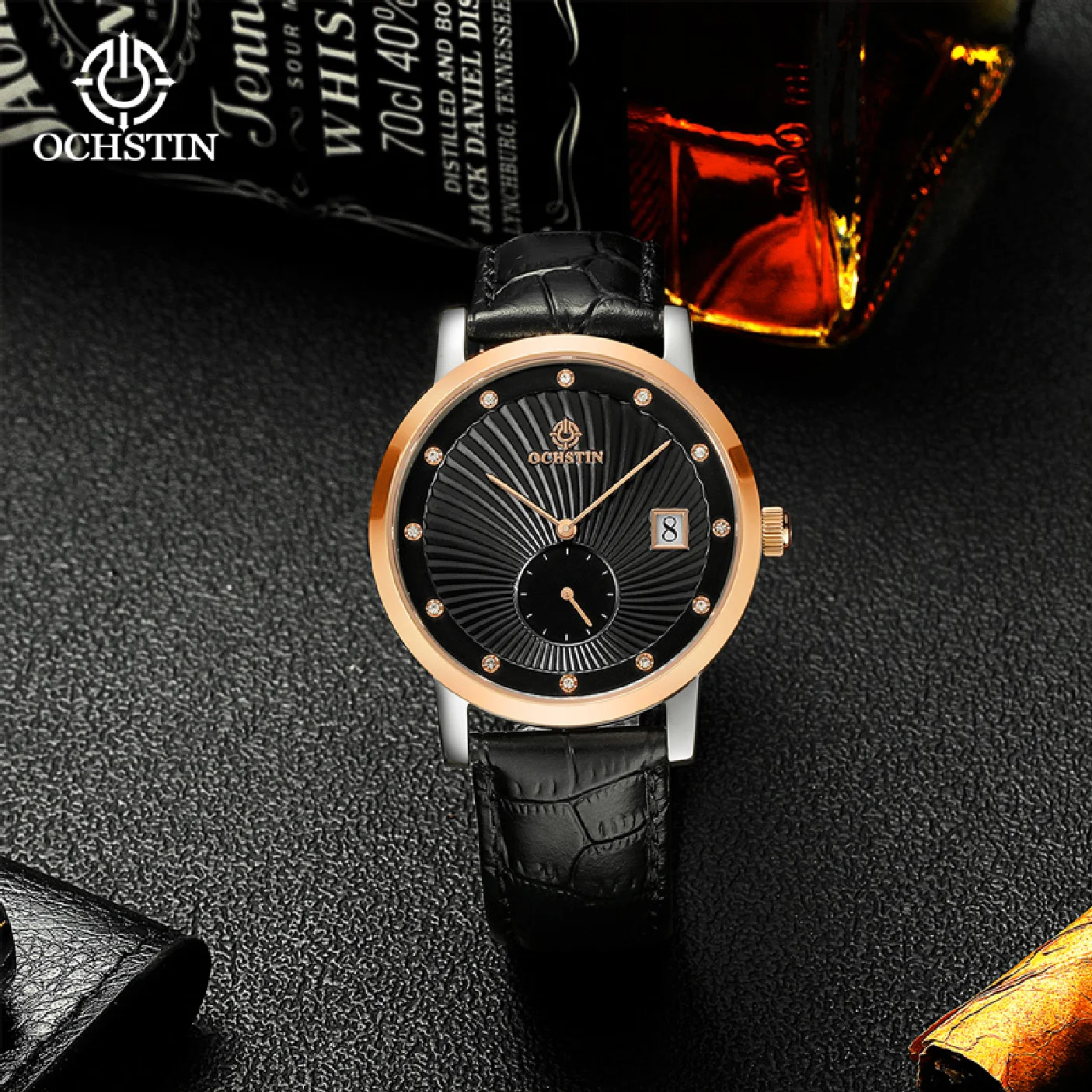 

OCHSITN Unique Mens Watches Date Quartz Wristwatch Black White Leather Luxury Fashion Diamond Watch For Men Jewelry Waterproof