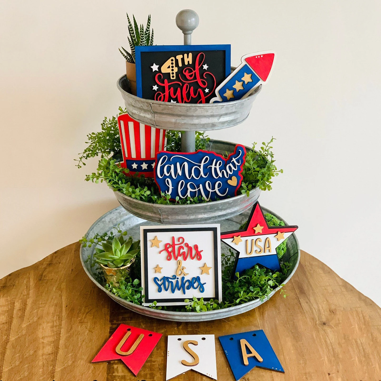 

Праздник независимости, многоярусный поднос, украшение 4 июля, деревянный декоративный набор, патриотические знаки для домашнего декора, Пр...