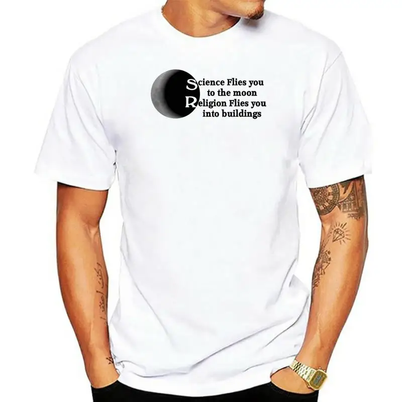 

Science Flies You To The Moon Religion Into Buildings Atheist T-shirt Short Sleeve Men T Shirt Tops Tee Summer Plus Size