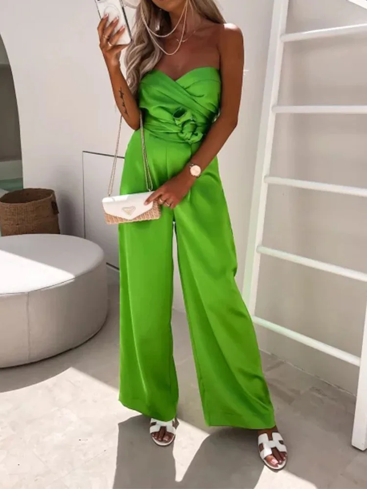 

Sexy Solid Color Hollow Beach Outfits Fashion Strapless Crop Top & Wide Leg Pants Two Piece Suit Summer Casual Chic Straight Set