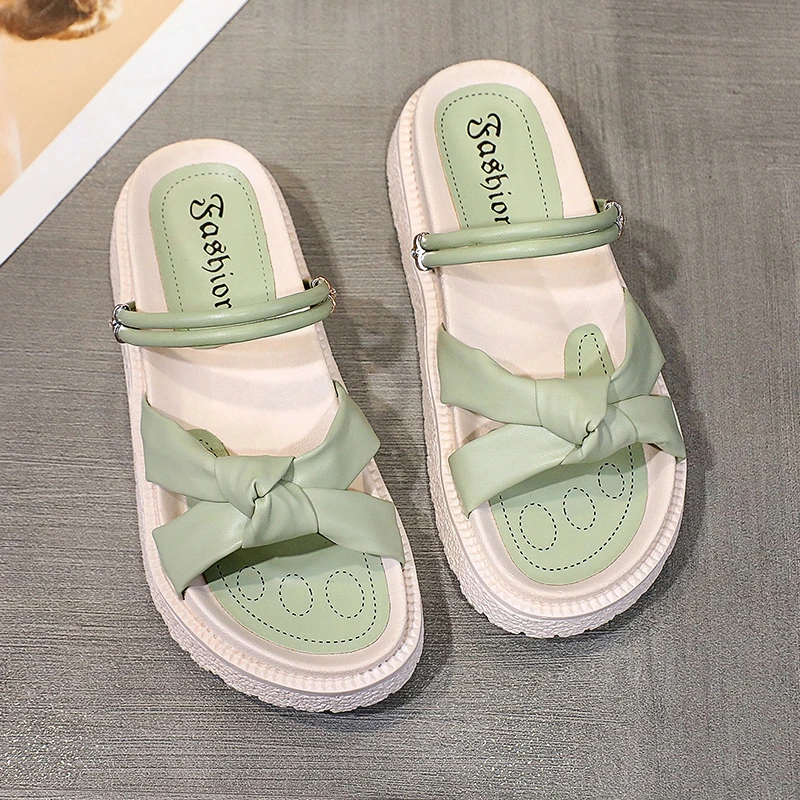 Summer Thick Rubber Sole Women Beach Sandals Bow-Knot Lady Slip-On Beach Slippers Fairy Style Lady Flip Flops platform shoes