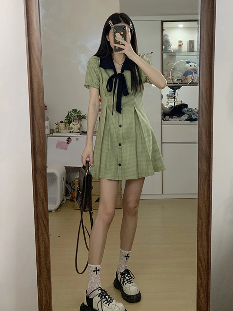 Летние платья для женщин 2022 года, сладкий зеленый клетчатый узелок с завязками, короткие рукава, мини-платье в стиле преппи с А-образным силуэтом.