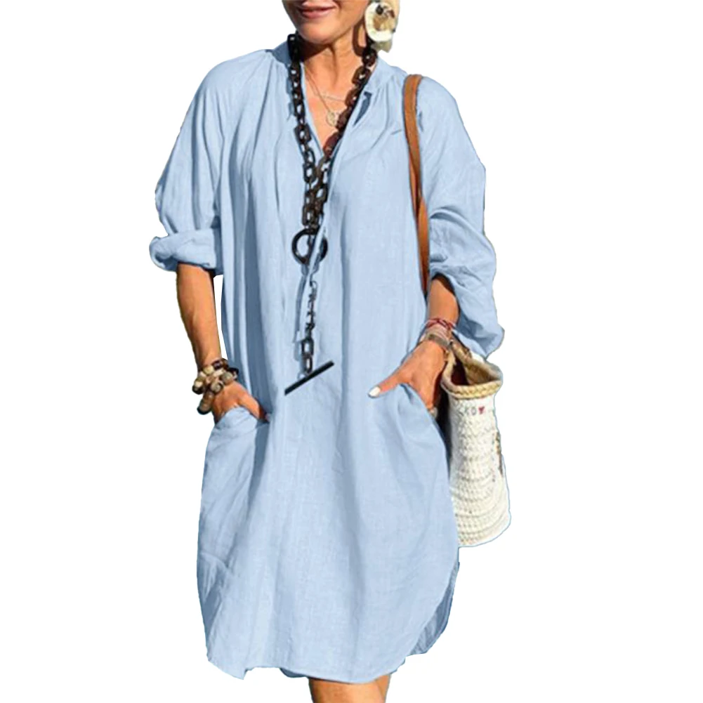 

Womens Cotton Linen Knee-length Dresses Long Sleeve V Neck Solid Color Tunic Pocket Vintage Baggy Female Dress Clothing