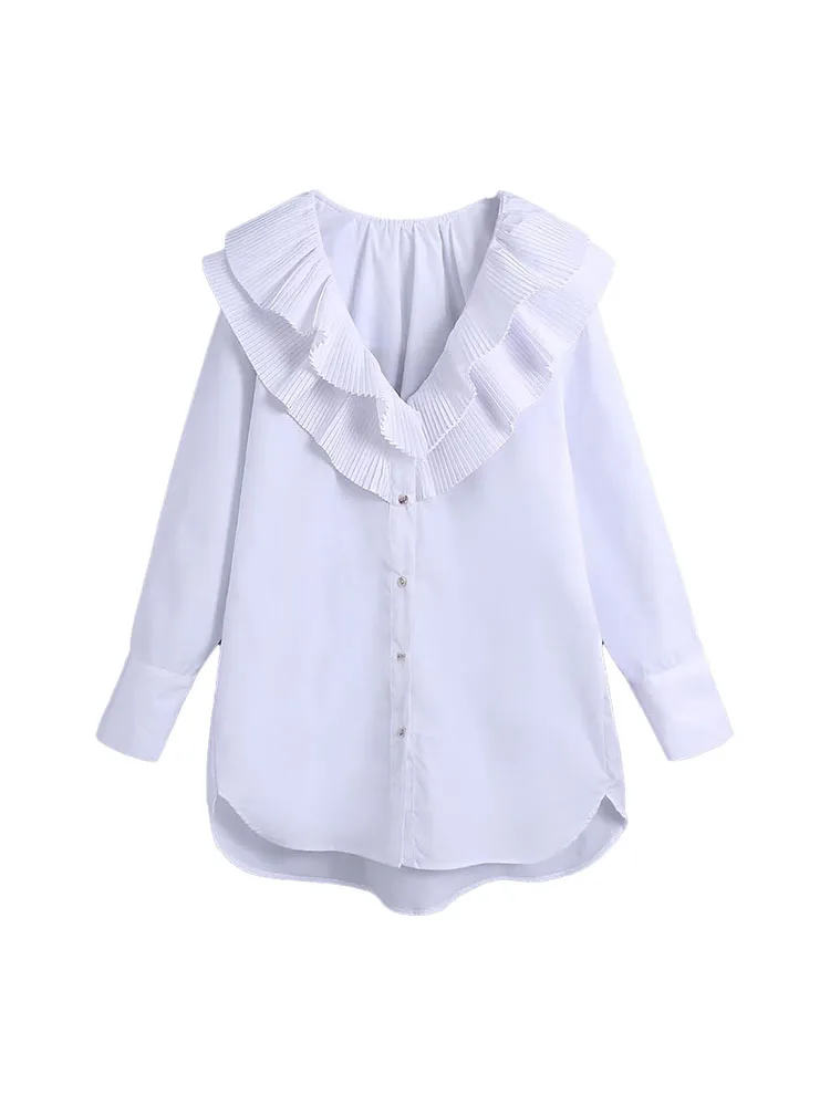 

Women 2022 autumnNew Sweet Fashion Hollow Out Cropped Blouses Vintage Long Sleeve Ruffled Female Shirts Chic Tops