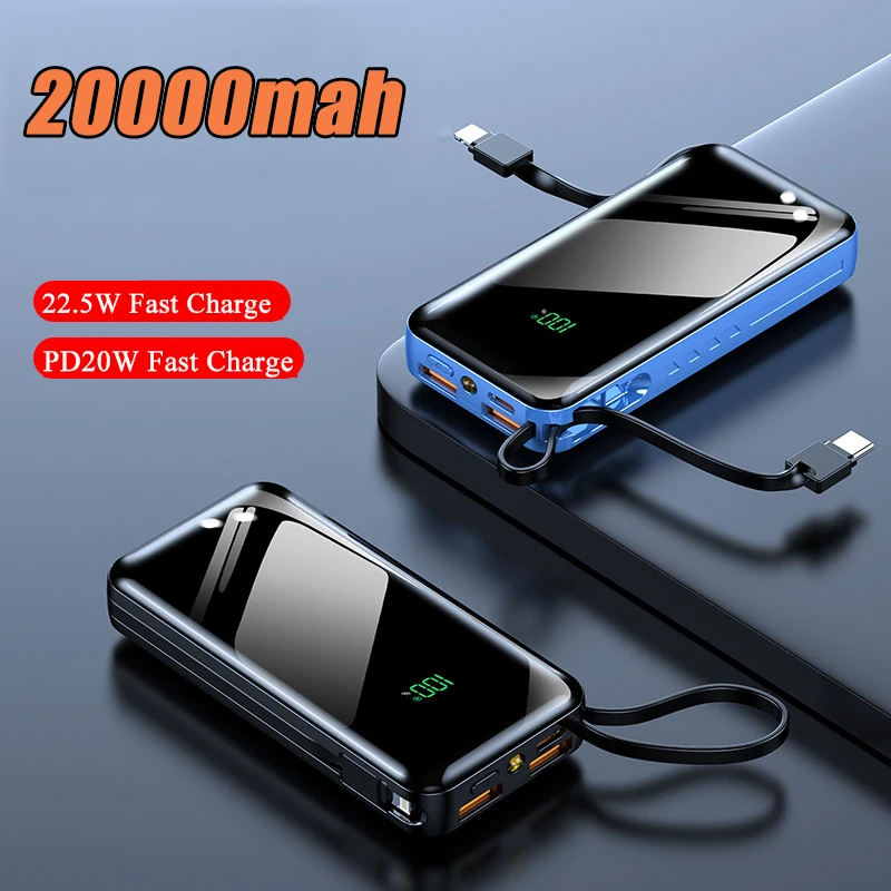 

20000mah Power Bank 22.5W PD20W Fast Charge Powerbank With Flashlight External Battery Pack Built in Cables Poverbank For Phones