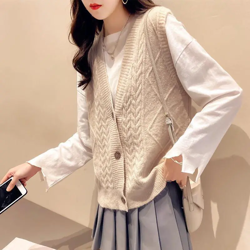New High-quality Soft Women's Spring Autumn V-Neck Korean Fashion Knitted Cardigan Loose Waistcoat Thin Vest Solid Sweater Top