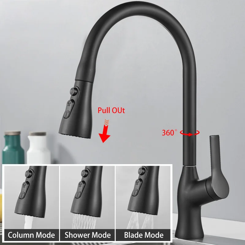 

Brass Kitchen Faucet Black/Chrome Pull Out Tap 3 Function Stream Sprayer Blade Mode Hot Cold Mixer Tap 360 Rotation Sink Faucet