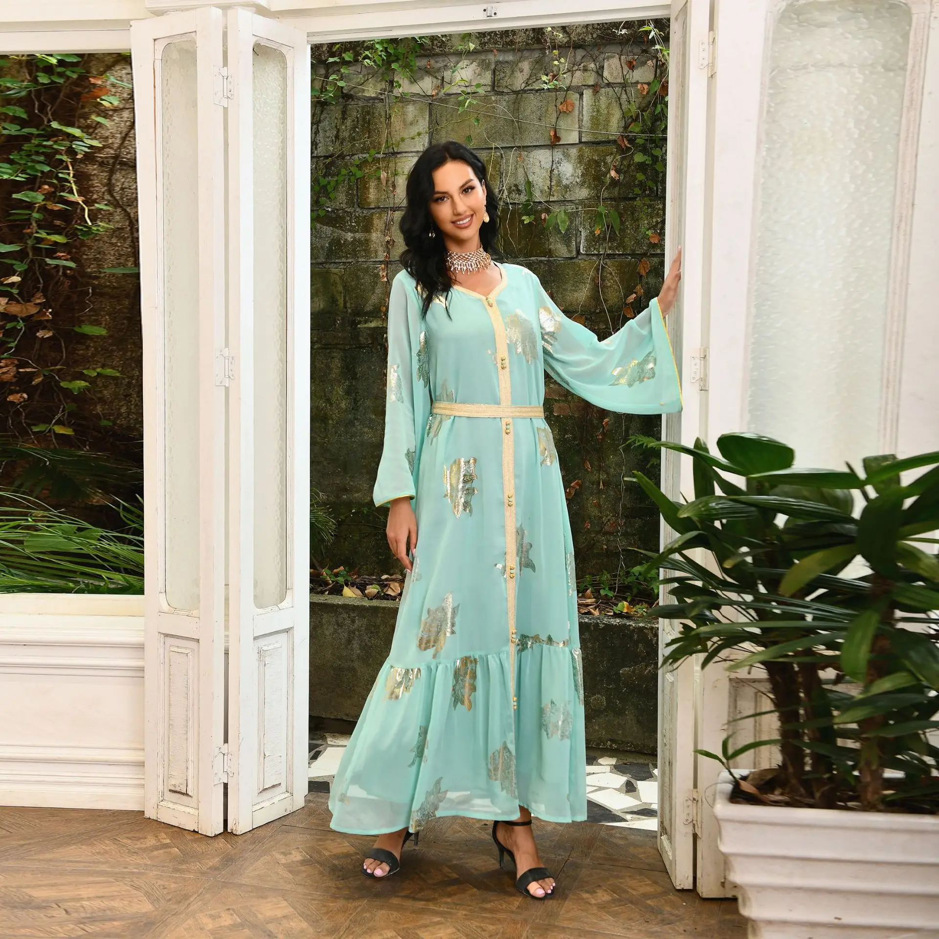 Party Dresses Abayas For Women Dubai 2023 Printed Long Sleeve V-Neck Button Tape Trim Belted Kaftan Split Hem Clothes For Women