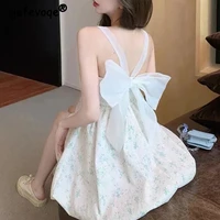 sexy backless mesh bow chic kawaii sweet fairy club a line mini dress women 2022 summer casual sleeveless printed party dresses