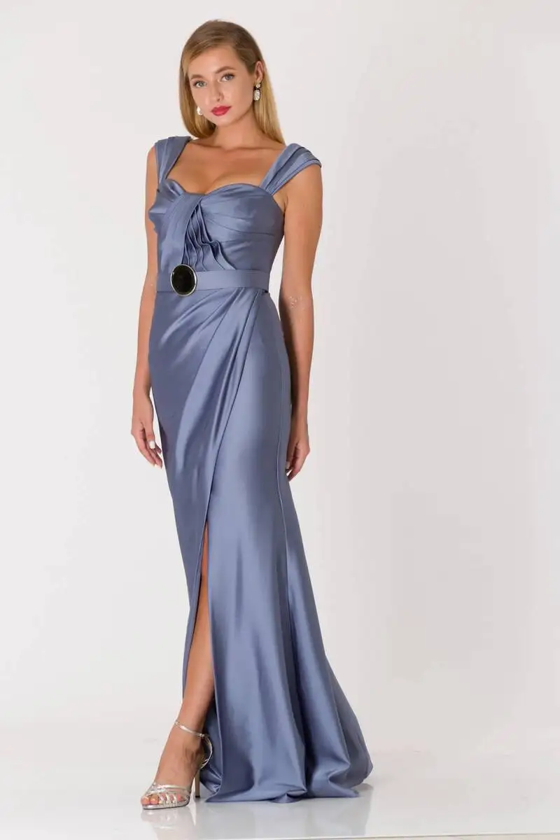 

Kemerli Wraped Satin Evening Dress Indigo