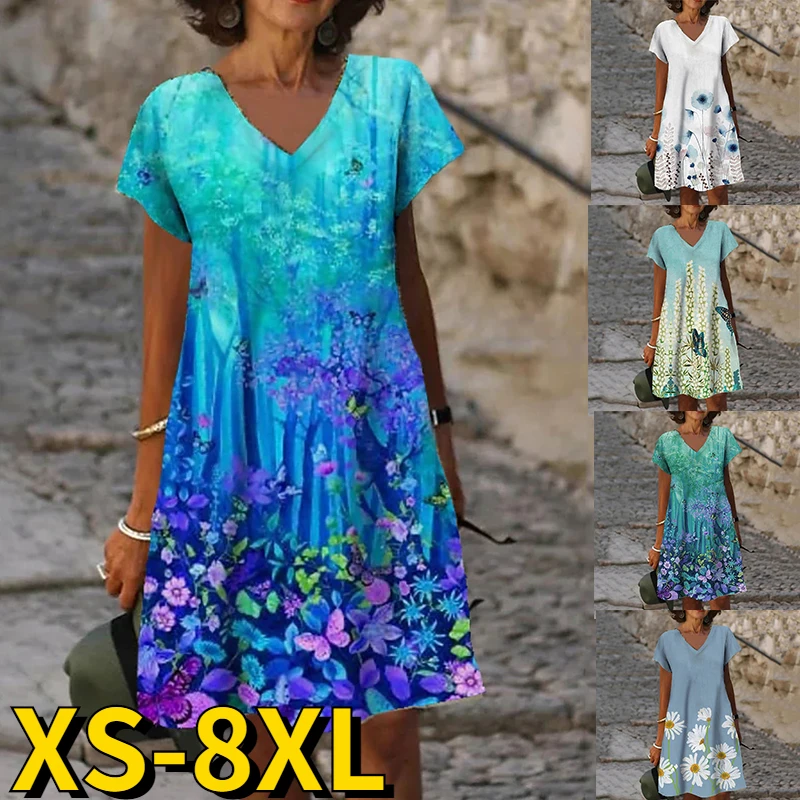 

2022SummerWomen'sFloralPrintPartyDressCasuallyLooseDressVNeckElegantFemaleShortSleevesMidiSkirtPulloverDress