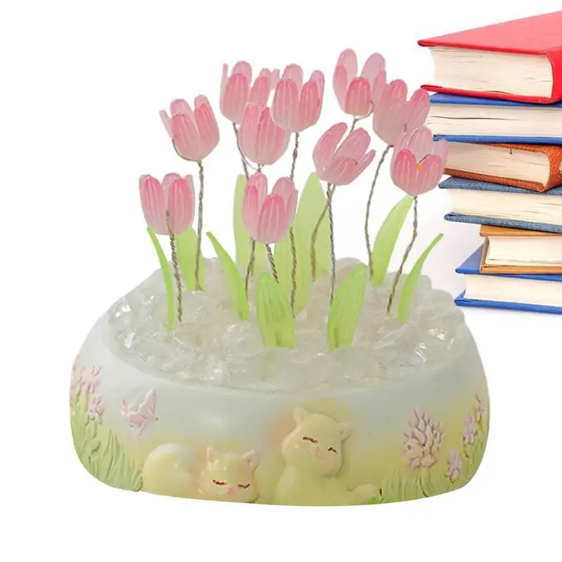 

Aesthetic Night Light Handmade Tulip Mirror Lamp Cute Desk Light Flower Night Light Tulip Mirror Lamp With Simulation Flowers
