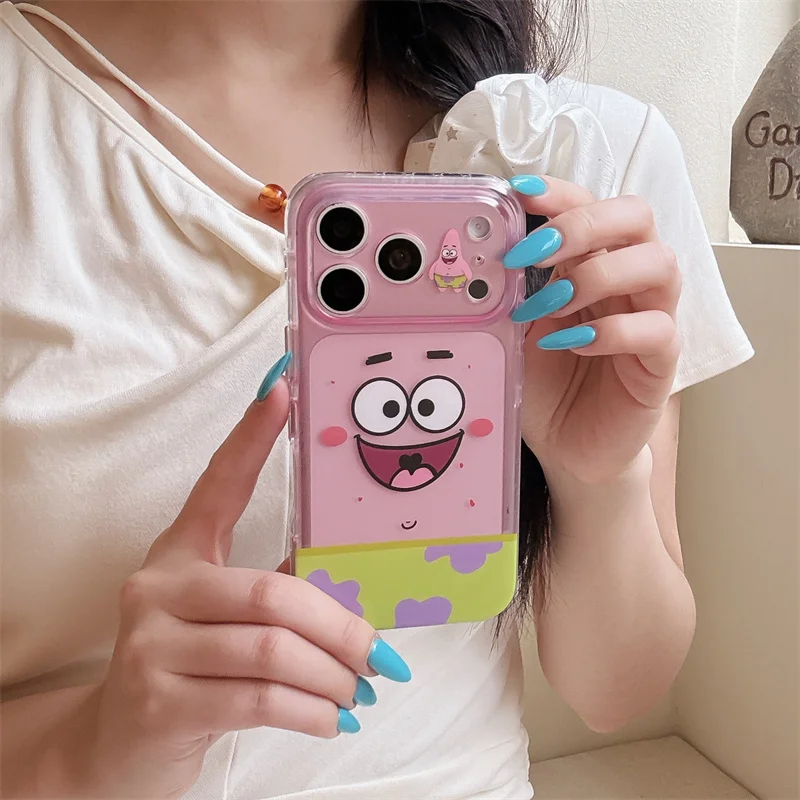 Фото Противоударный чехол для iPhone 15 16 17 Pro Max в корейском стиле с мультяшными персонажами Губка Боб и Патрик Стар, желтый, с выражением лица №4
