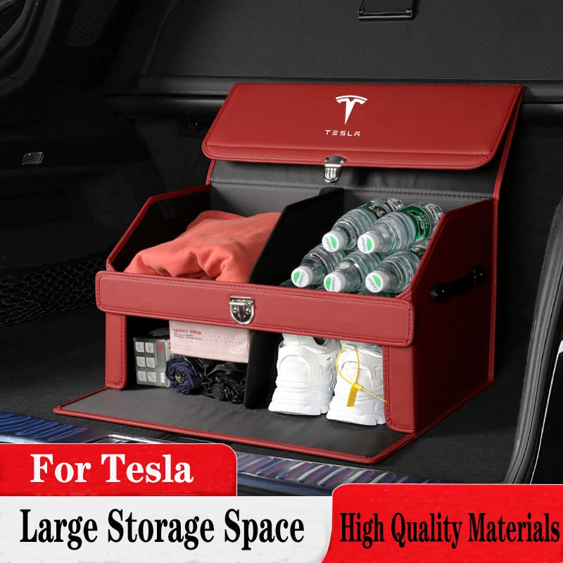 

For Tesla Model 3 Y S X Trunk Organizers And Storage Leather Collapsible Trunk Cargo Organizer Adjustable Compartment Car Box