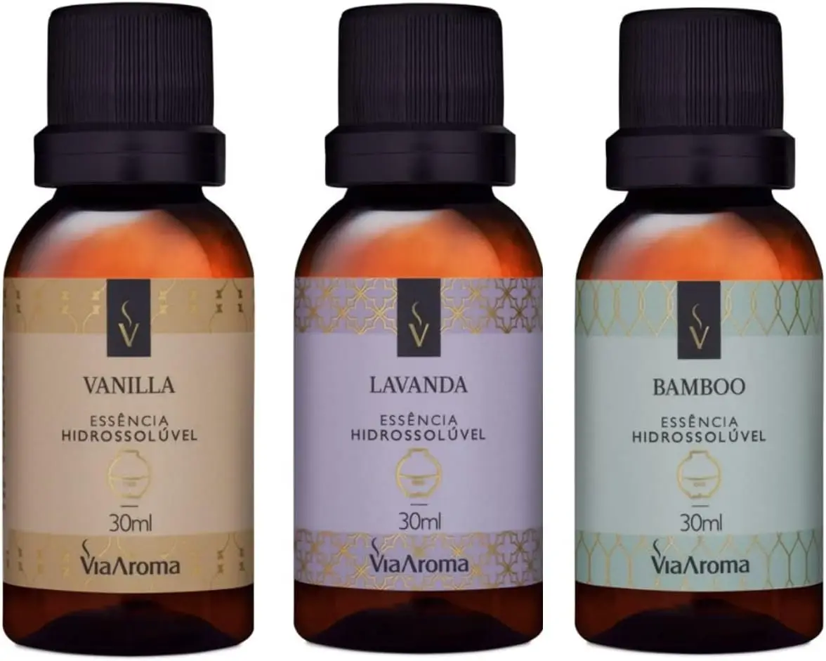 

Kit Essencia Hidrossolúvel, Vanilla, Lavanda e Bamboo 30 ml Cada - Para Difusor e Aromatizador Elétrico - Via