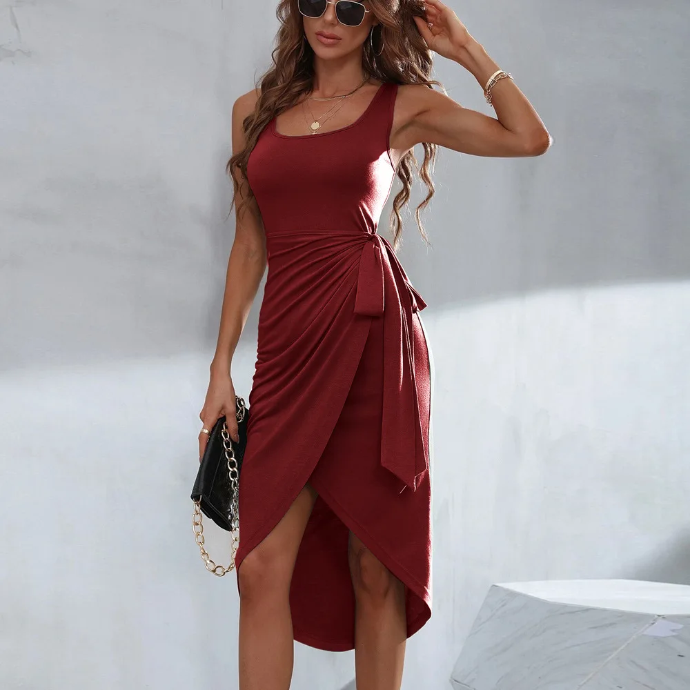 

Fashion New Square Neck Strap Dress Irregular Hem Sling Dress for Women Solid Color Bandage Elegant Dress Summer New 2023