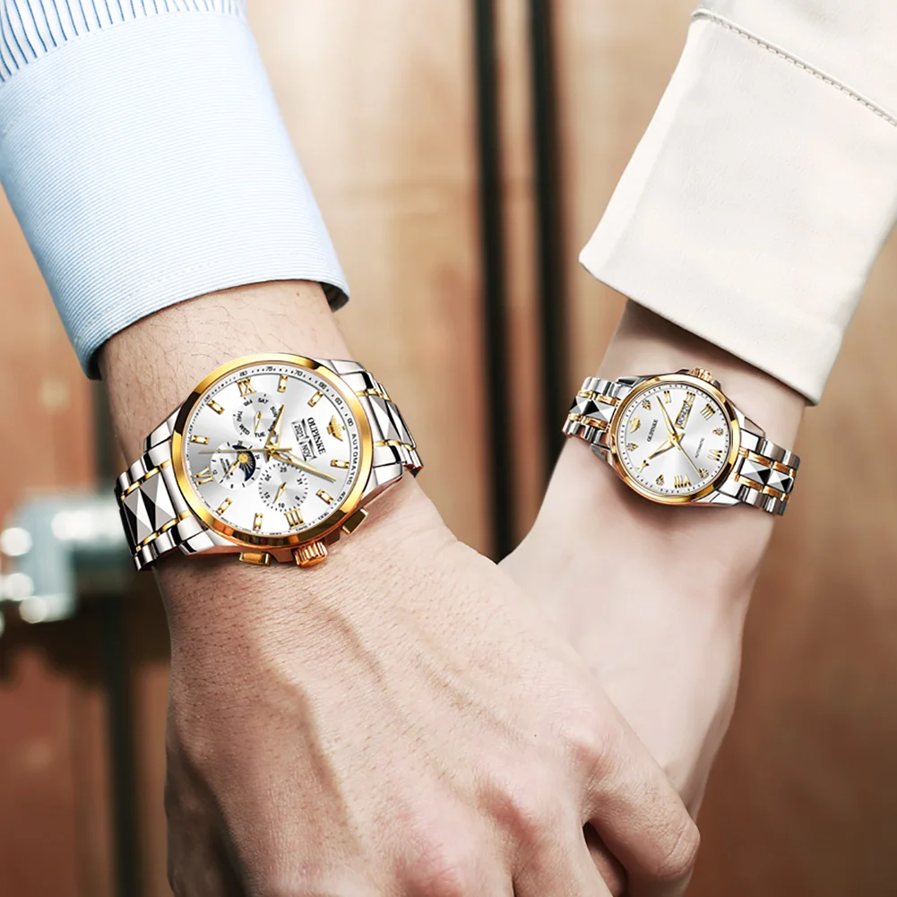 OUPINKE New Couple Mechanical Watch Sapphire Tungsten Steel Skeleton Waterproof Luminous Fashion Necklace Bracelet Couple Watch