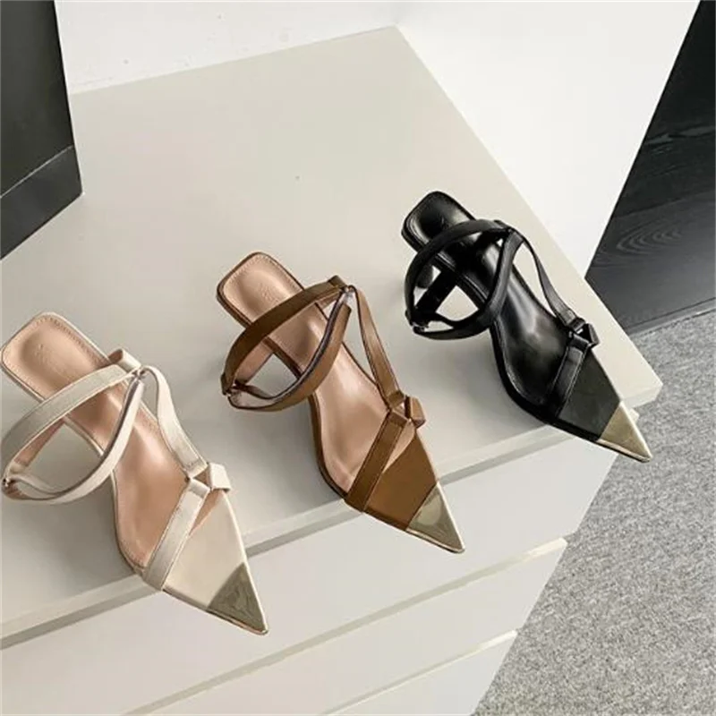 

Женские однотонные мюли с пряжкой, сандалии-гладиаторы с острым носком, туфли-лодочки, с ремешком сзади, обувь для женщин