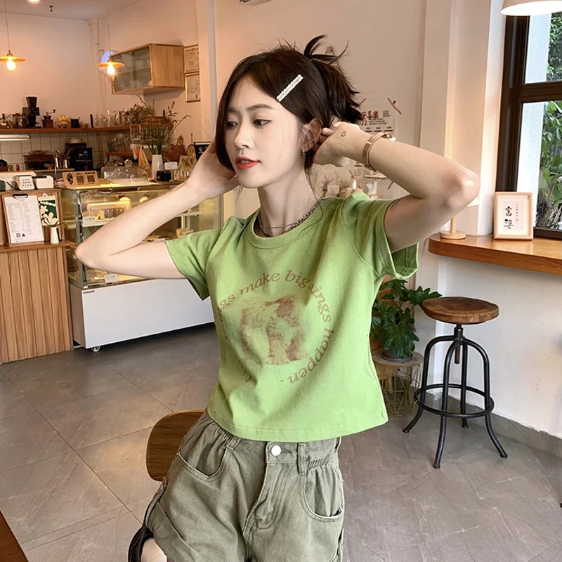 

Front shoulder short sleeve T-shirt women's summer 2022 new Korean slim slim short letter print versatile top ins