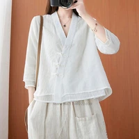 2022 retro chiffon blouse female ethnic style shirt chinese wind tea service women cheongsam blouse hanfu oriental tang suit