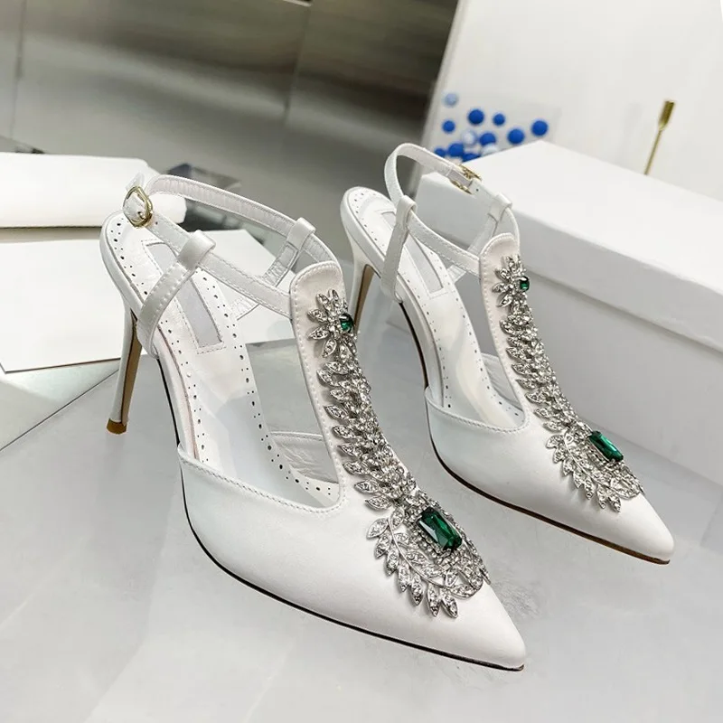 2023 Spring and Summer Rhinestone Sandals Pointed Toe Buckle Baotou Stiletto Satin Crystal High Heels Women