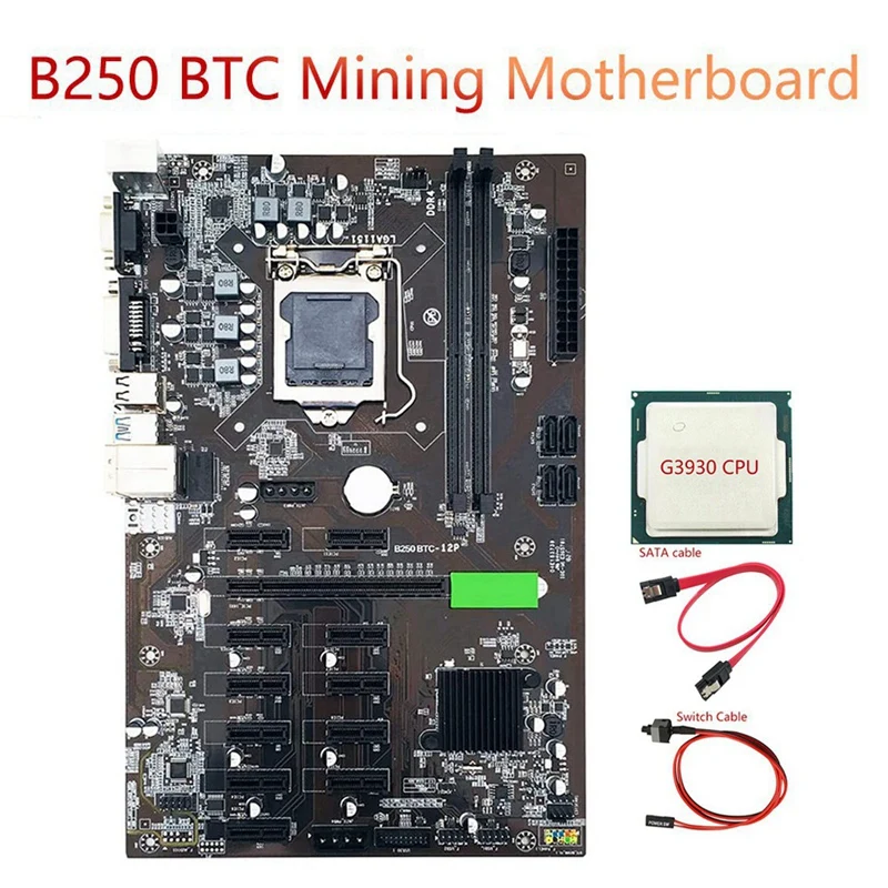 Материнская плата B250 BTC для майнинга LGA 1151 с процессором G3930 + кабель переключения