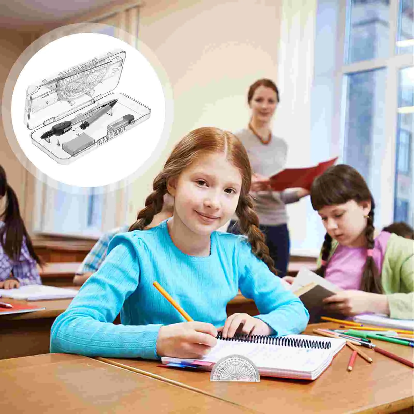 

Math Geometry Set Student Supplies with Storage Box, Includes Compasses, Rulers, Protractor, Eraser, Refills, for Drafting and