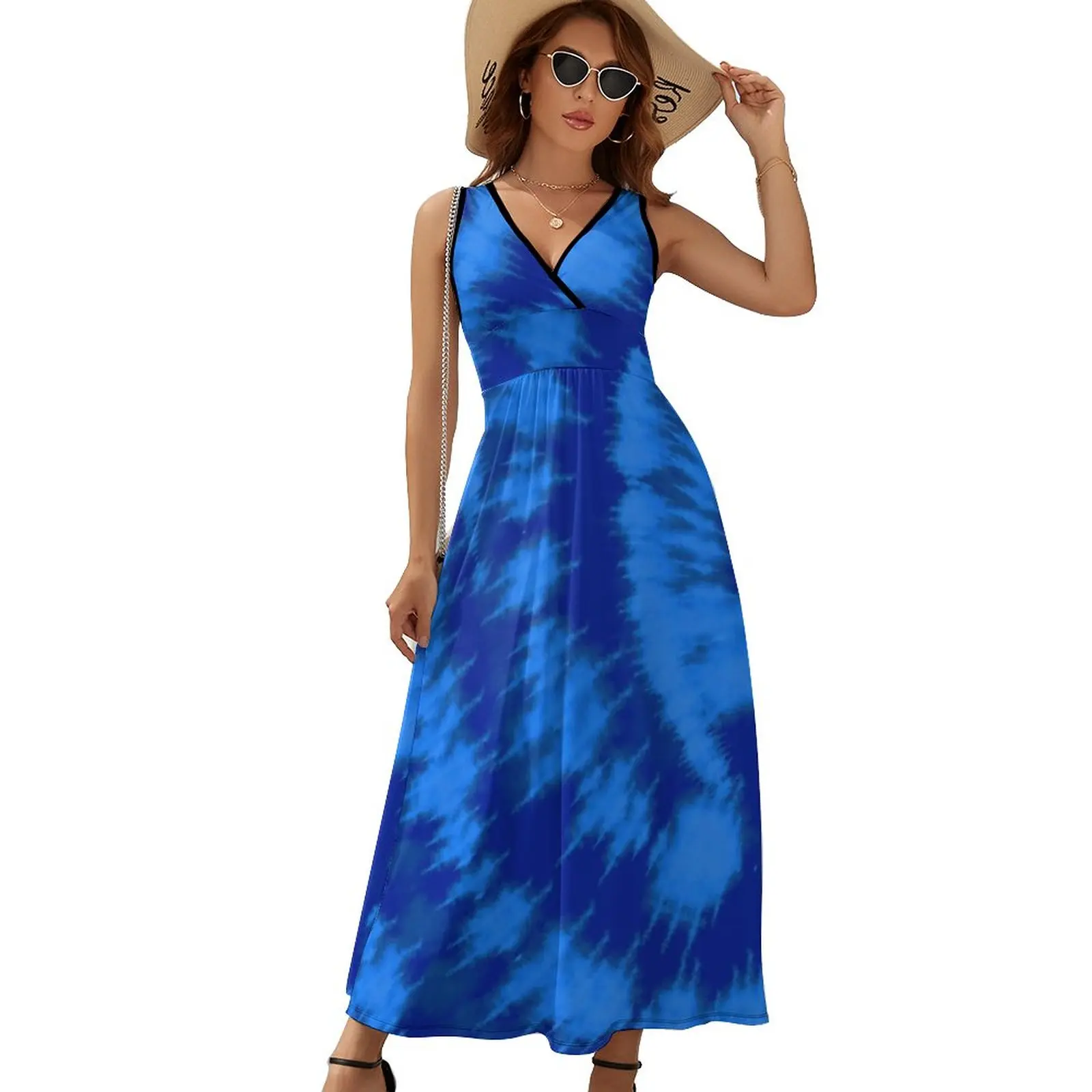 Blue Swirl Tie Dye Dress Midnight Blue And Aqua Vintage Sexy Maxi Dress Street Bohemia Long Dresses Female High Waist Clothes