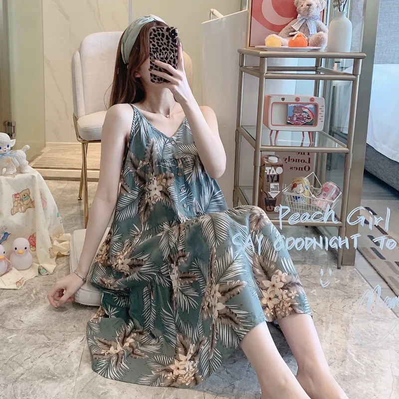 Ladies Nightdress Summer Faux Cotton Printed Sling Pajamas Pregnant Women Summer Large Size Homewear