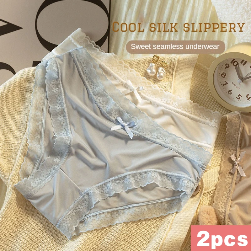 

2PCS/Set Women Underwear Japanese Girls Sexy Briefs Breathable Cute Panties with Bow Knot Mid Waist Lace Soft Ladies Underpants