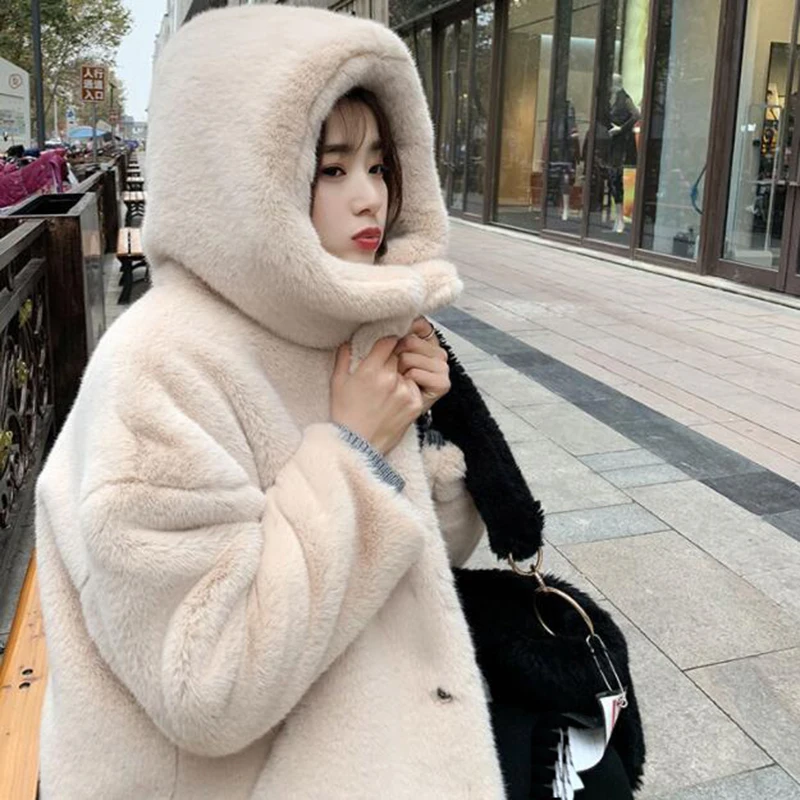 2022 New Winter Women High Quality Faux Rabbit Fur Coat Hooded Thicken Warm Plush Loose Lapel Luxury Long Female Clothing Tops