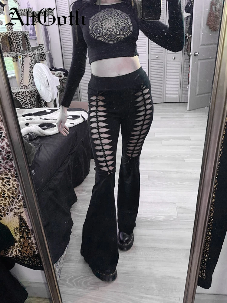 

AltGoth Mall Gothic Sexy Pants Women Streetwear Vintage Grunge Hollow Out High Waist Trousers Y2k Emo Alt Summer Flare Pants