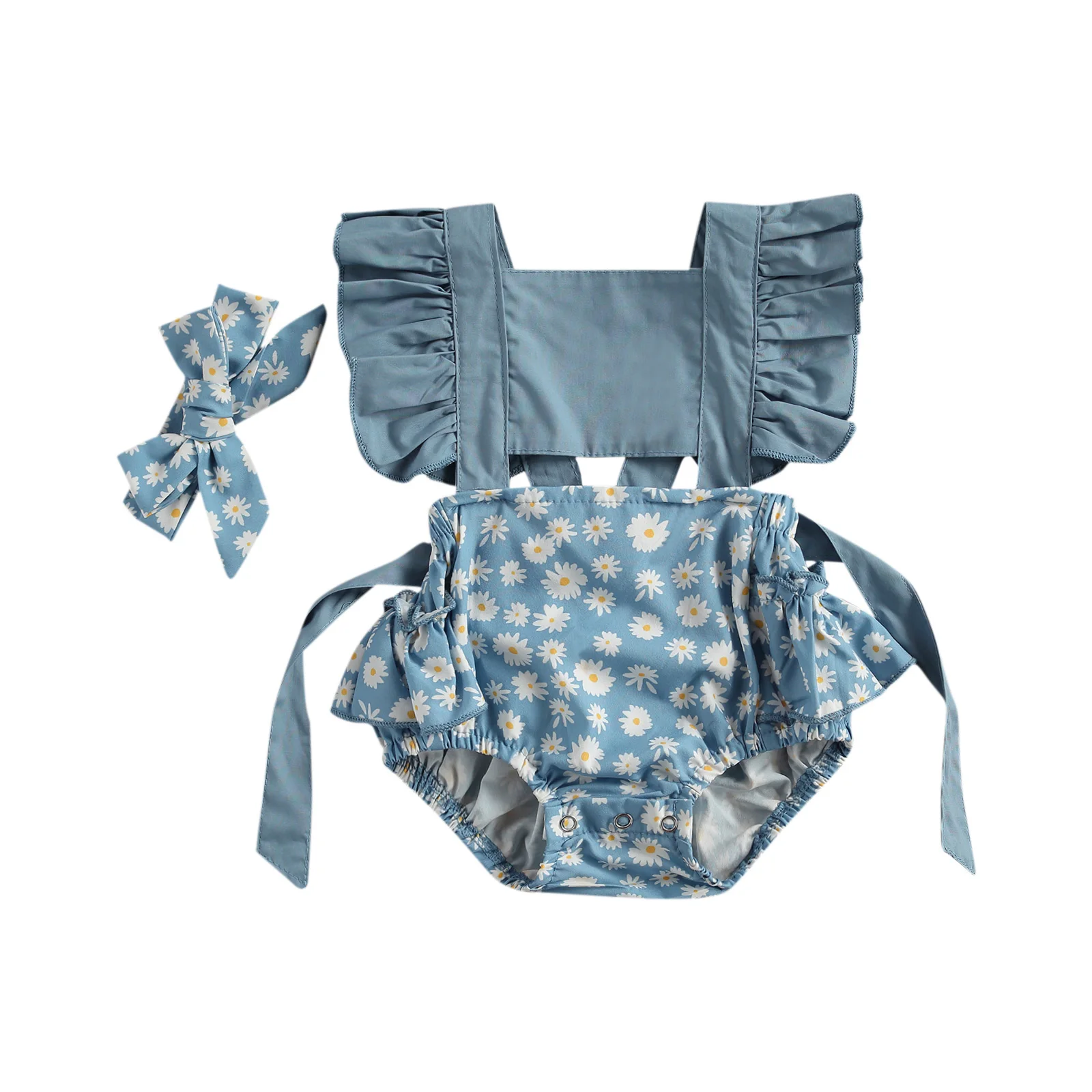 

2Pcs Newborn Baby Girls Daisy Print Rompers Infant Toddler Fly Sleeve Square Collar Tie Up Ruffle Romper Headband Set 0-24M