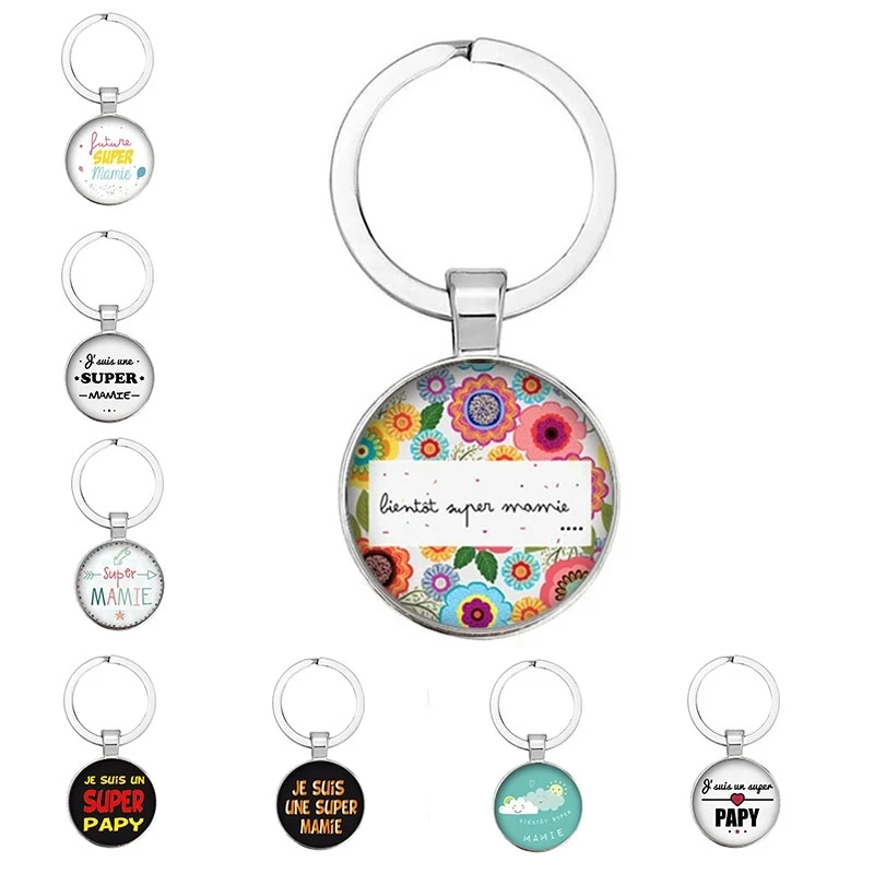 

New Super Mami Pattern Keychain Round Glass Pendant Convex Super Papy Handmade Keyring Jewelry Mother Bag Charm Gift Father'S Da