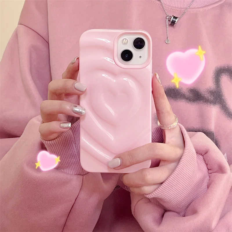 

Kawaii Korea Pink Love Heart Case for iPhone 13 Pro Max 12 11 14 14Plus Soft Silicon Bumper Shockproof Cover Art Bent Shell Hull