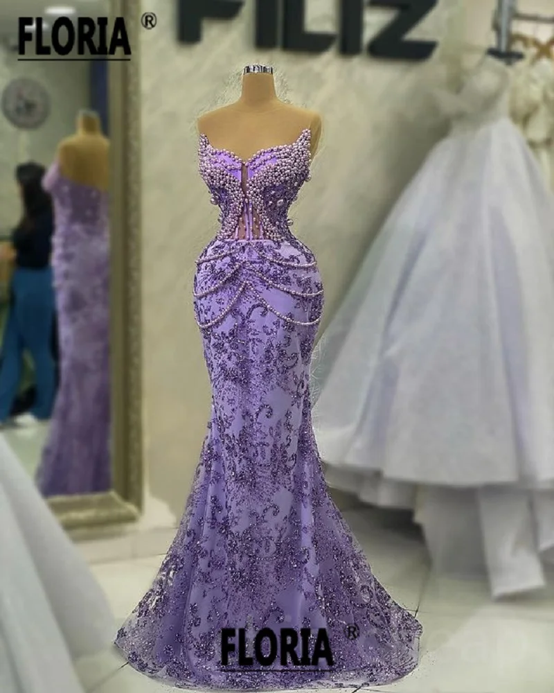 

Purple Elegant Pearls Tassel Mermaid Evening Dress 2023 Sparkling Beads Sequined Party Prom Dresses Robe De Soiree Custom Made