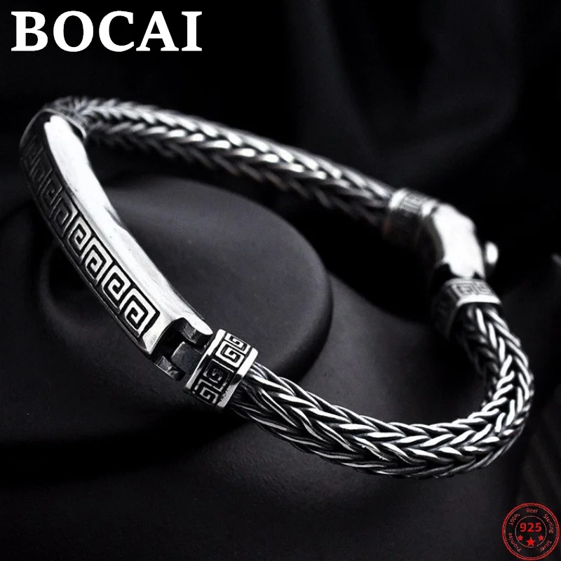 

BOCAI 100% S925 Sterling Silver Bracelets Personality Fashion Thai Silver Safety Pattern Woven Chain Pure Argentum Men's Bangle