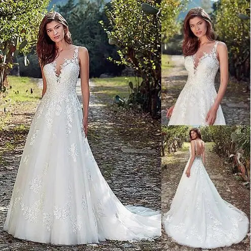 

Fascinating Tulle Jewel Neckline A-Line Wedding Dress With Lace Appliques & Beadings Open Back Bridal Gown vestidos de