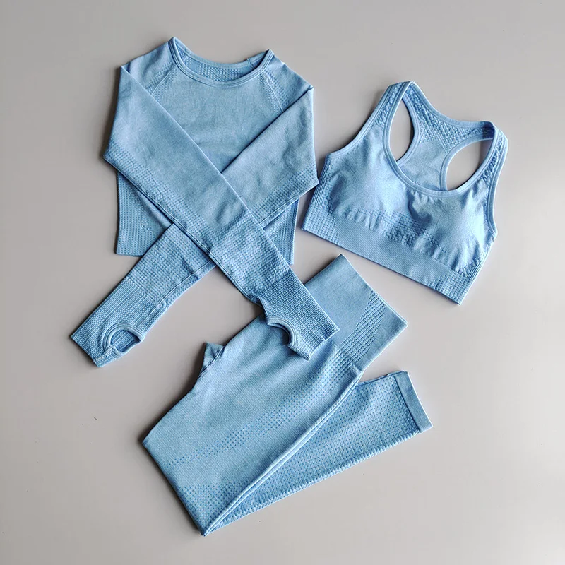 3 PCS Seamless Yoga Set Women Workout Sets Sportswear Long Sleeve Crop Top High Waist Leggings Gym Clothes Sports Suits Female