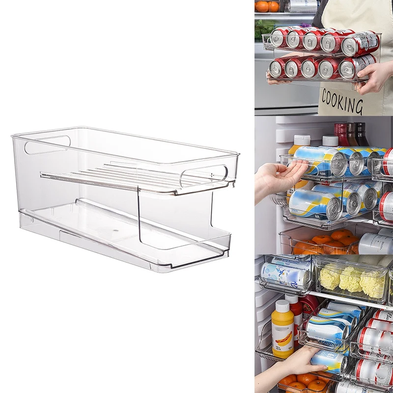 

2-Tier Rolling Refrigerator Organizer Bins, Soda Can Storage Rack Container Drink Beverage Dispenser For Freezer