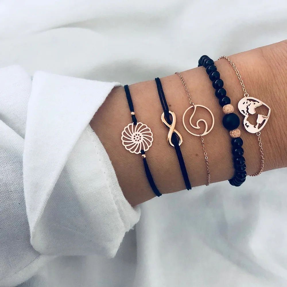 

New Heart Map Geometric Charm Bracelets Set Boho Black Stone Bangles for Woman Fashion Jewelry Drop Shipping