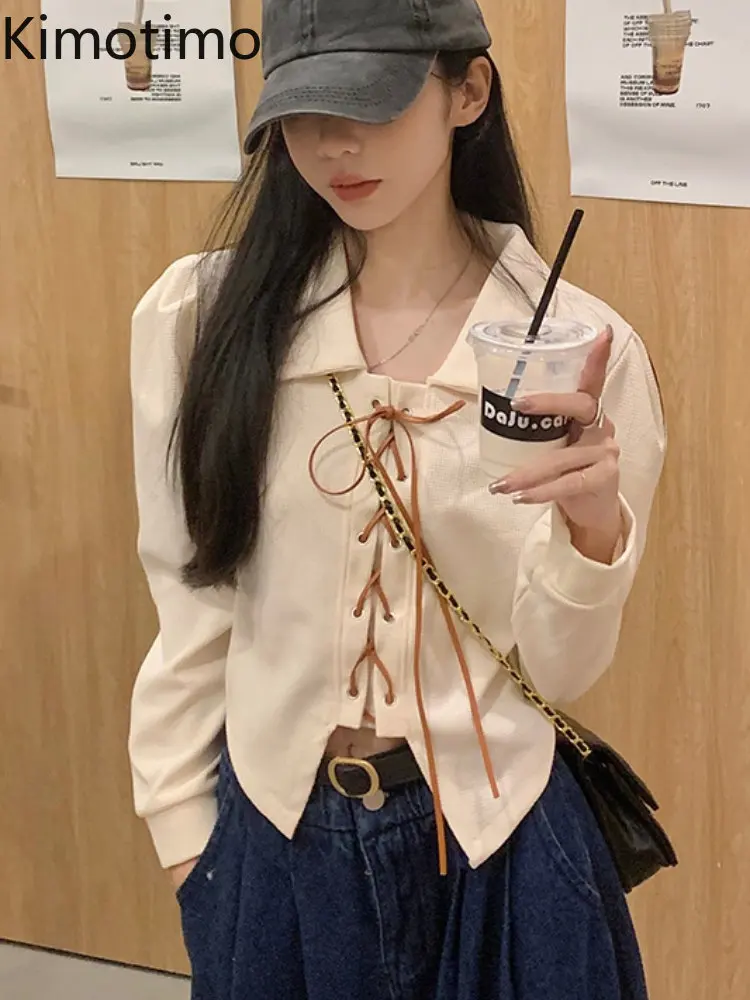 

Милые бандажные Топы Kimotimo с пышными рукавами, женские дизайнерские футболки на шнуровке с лацканами ранней весны, корейская модная популяр...