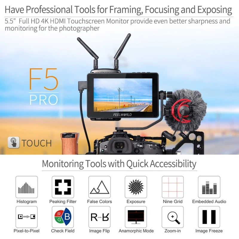 

FEELWORLD F5 Pro 5.5 Inch on DSLR Camera Field Monitor Touch Screen IPS FHD1920x1080 4K HDMI Video Focus Assist for Gimbal Rig