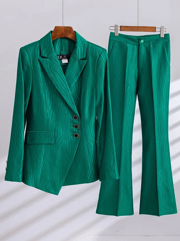 Women Pant Suit Ladies Business Work Wear 2 Piece Set Female Khaki Green Black Striped Formal Blazer And Trouser